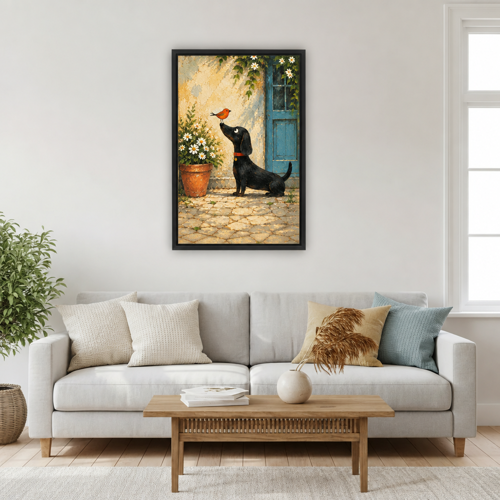 Framed whimsical dachshund bird canvas wall art hanging over a light gray sofa and wooden coffee table