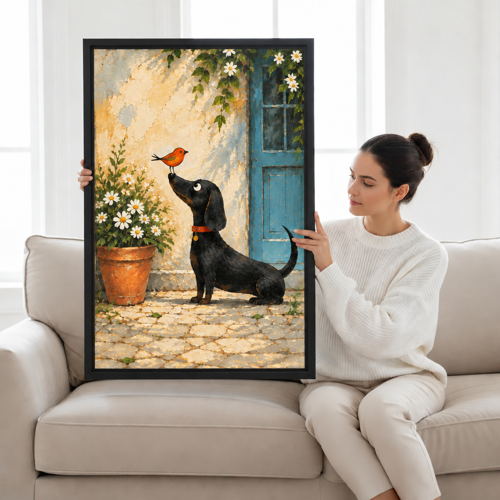 Smiling woman in a white sweater holding framed whimsical dachshund bird canvas wall art on a sofa