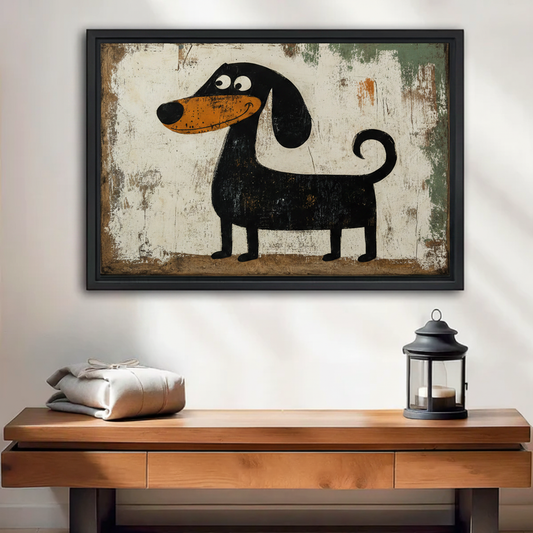  Whimsical black dachshund framed wall art on distressed white background, above wooden console table entryway decor