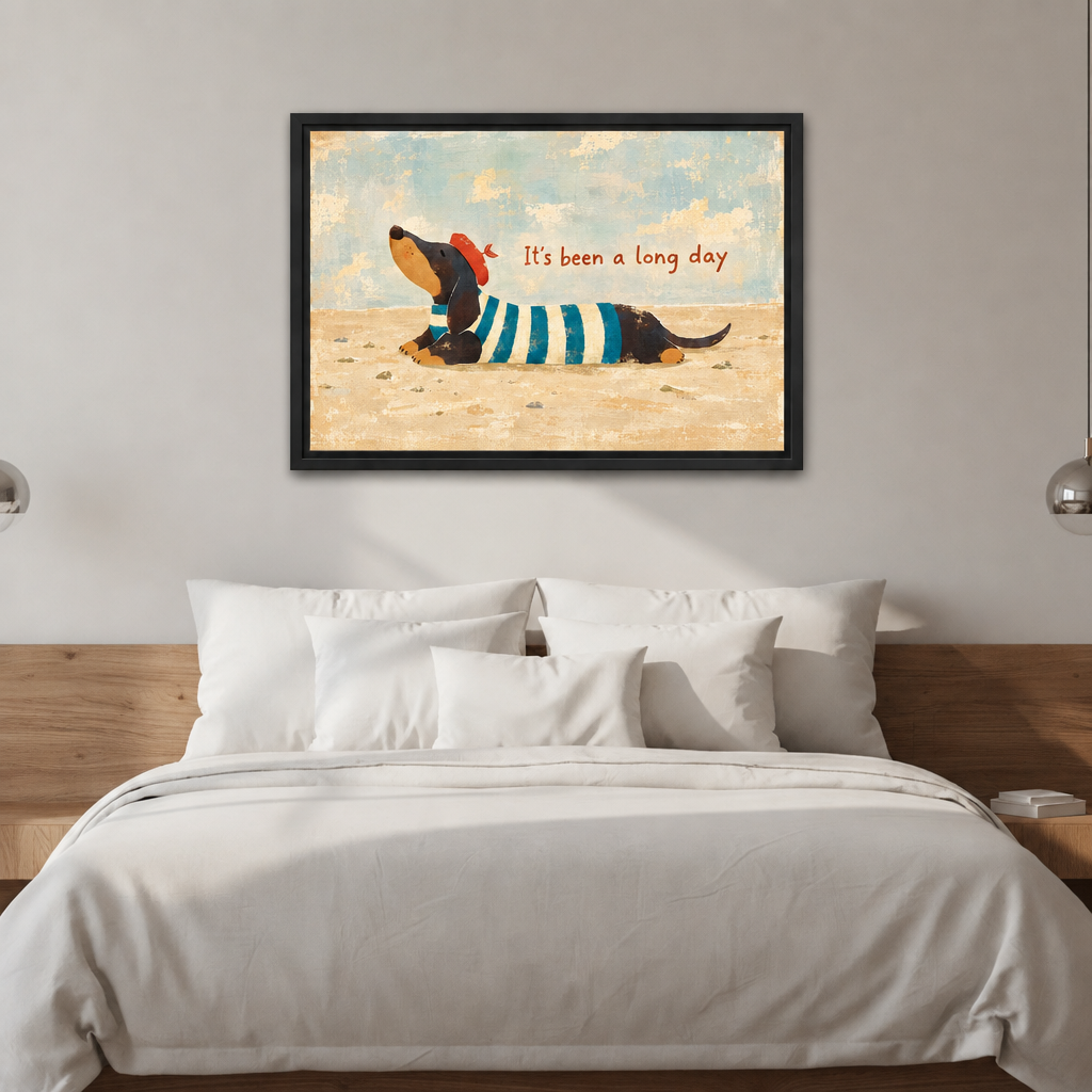  Black framed whimsical dachshund canvas wall art displayed above a bed with white bedding.