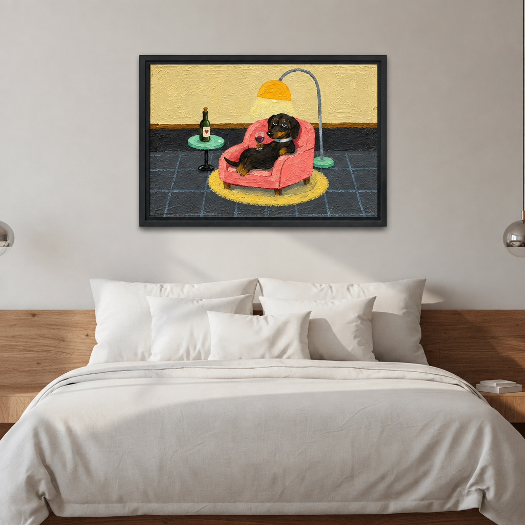 Black-framed whimsical dachshund canvas wall art above a bed with white bedding and a wooden headboard.