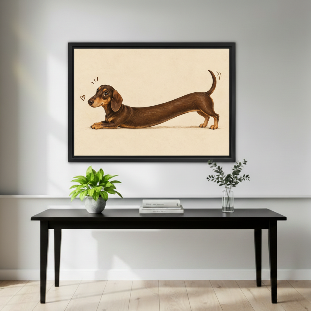 Whimsical dachshund canvas wall art above a black entryway table with plants and books.