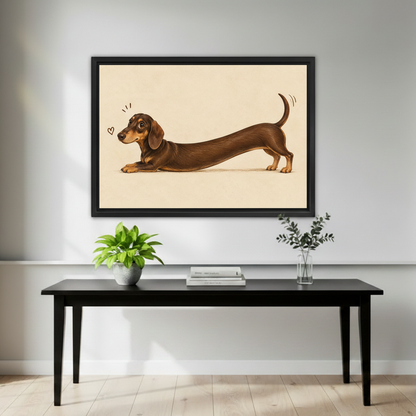 Whimsical dachshund canvas wall art above a black entryway table with plants and books.