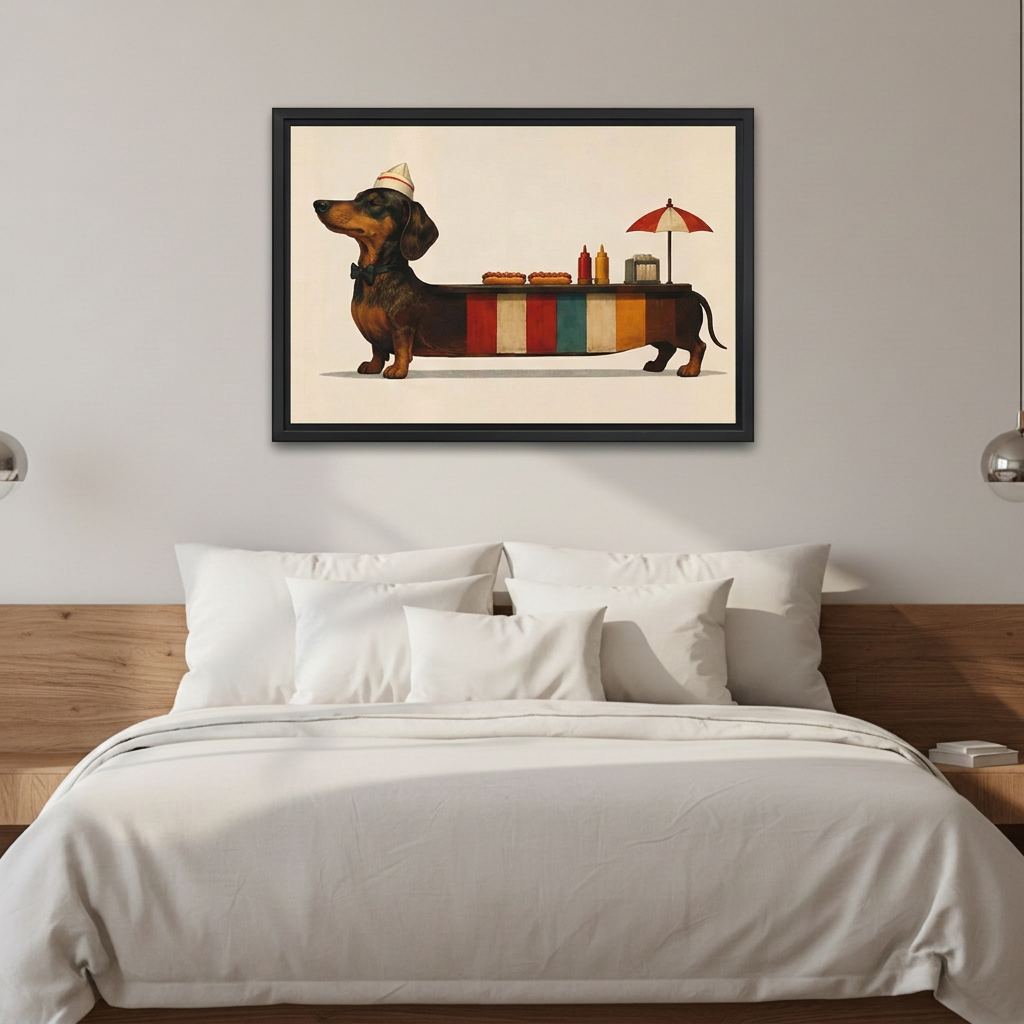  Whimsical dachshund canvas wall art in a black frame above a white bed with a wooden headboard.