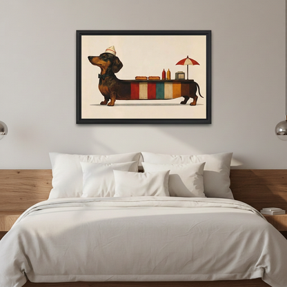  Whimsical dachshund canvas wall art in a black frame above a white bed with a wooden headboard.