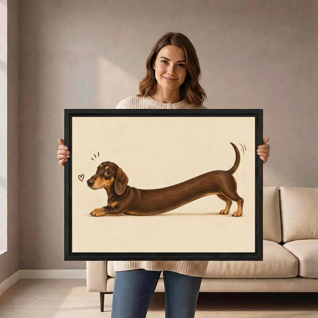 Whimsical dachshund canvas wall art held in a black frame to show horizontal artwork scale.