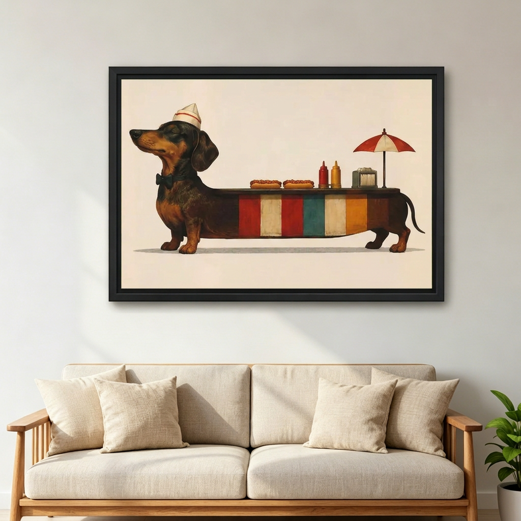 Whimsical dachshund canvas wall art in a black frame above a cream sofa with wooden arms.
