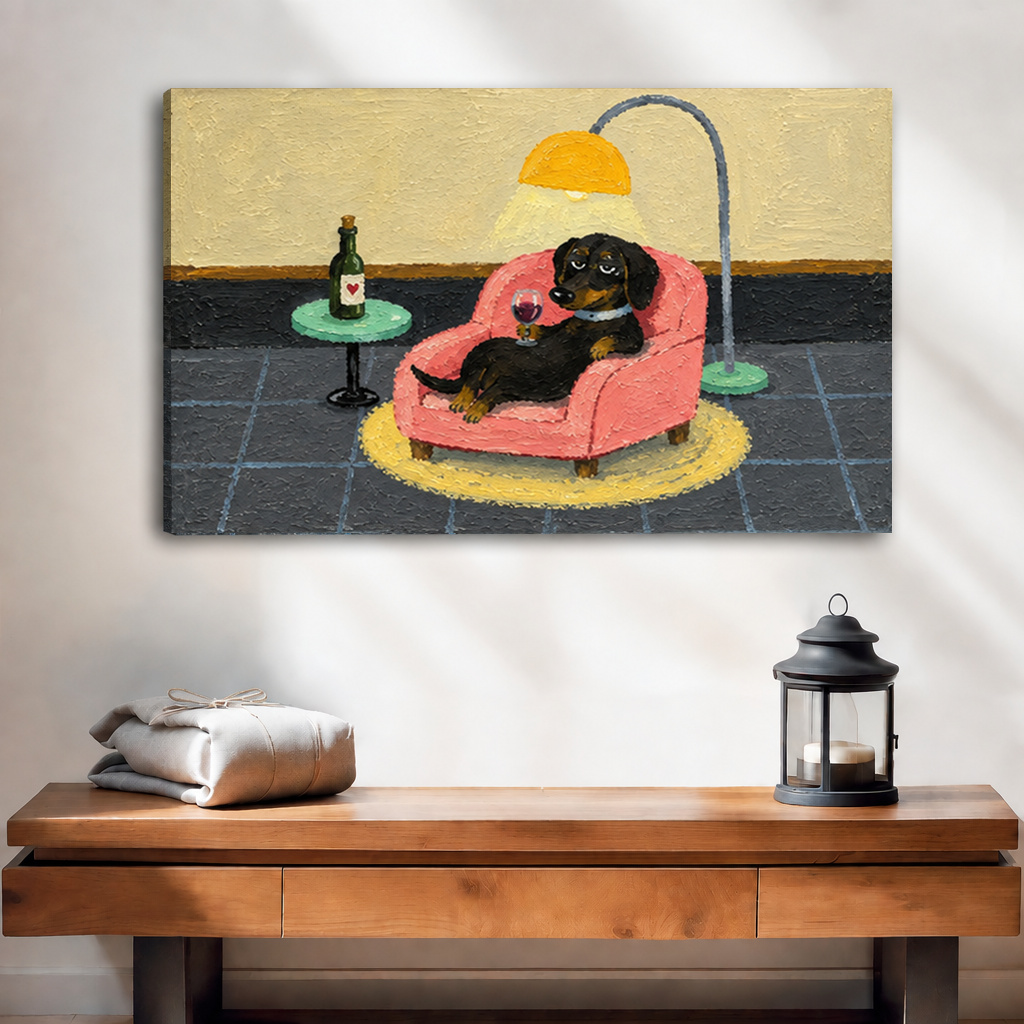 Whimsical dachshund canvas wall art displayed without an outer frame above a wooden console beside a lantern.