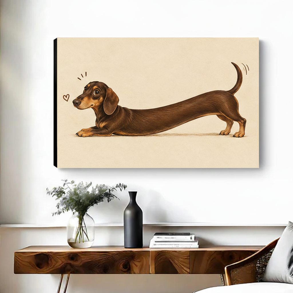  Whimsical dachshund canvas wall art shown as a gallery-wrap canvas above a wooden console.