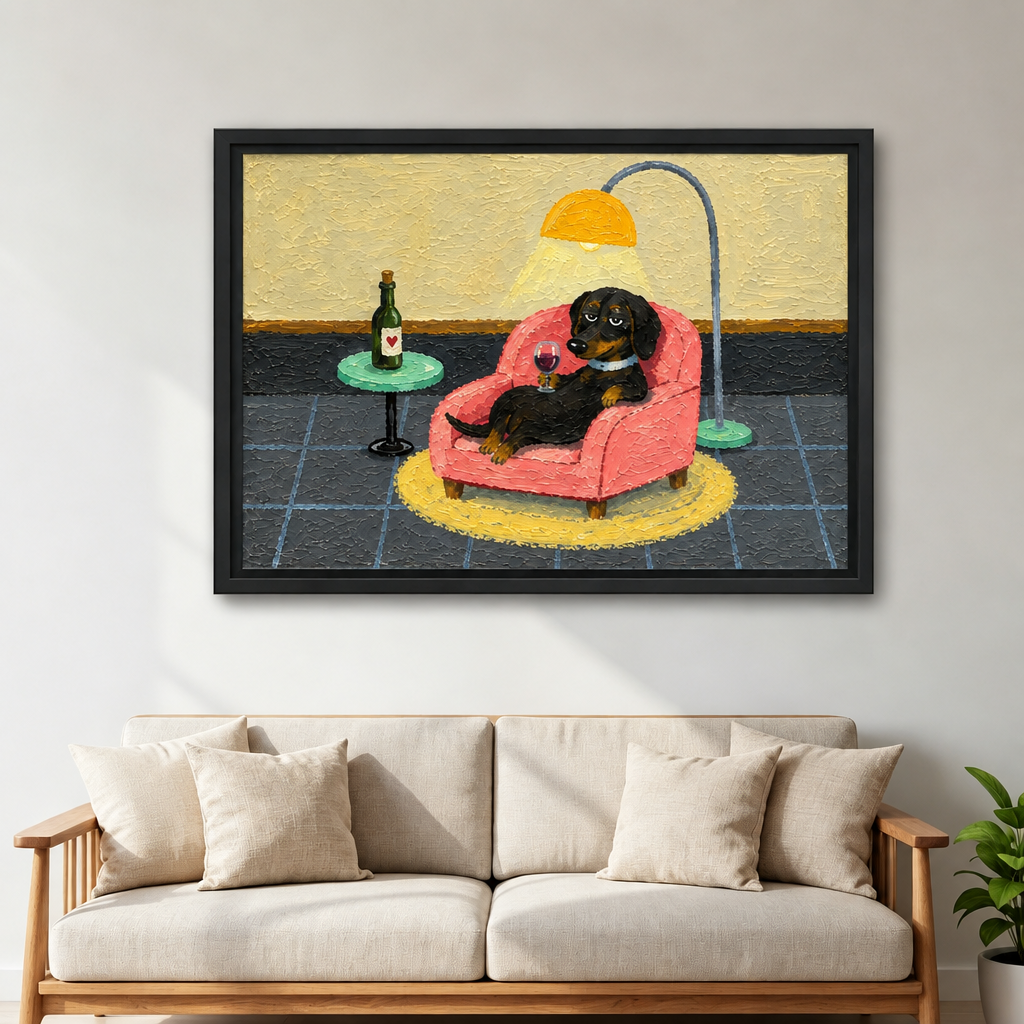 Whimsical dachshund canvas wall art in a black frame above a cream sofa beside a green plant.