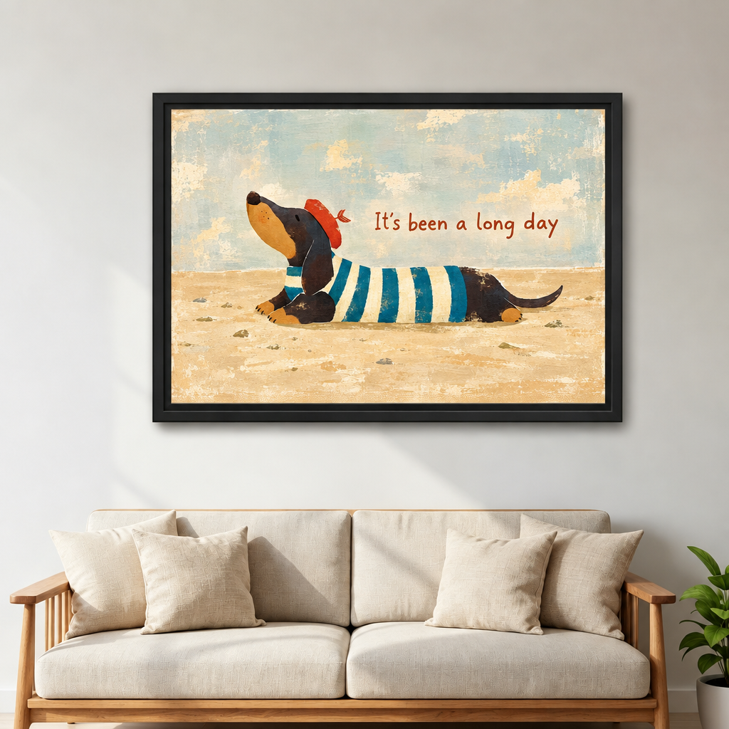 Whimsical dachshund canvas wall art in a black frame above a cream sofa in a living room.