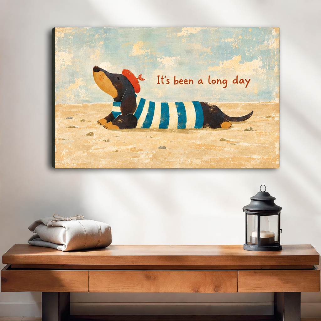 Unframed whimsical dachshund canvas wall art above a wooden console, with a red hat and striped shirt.