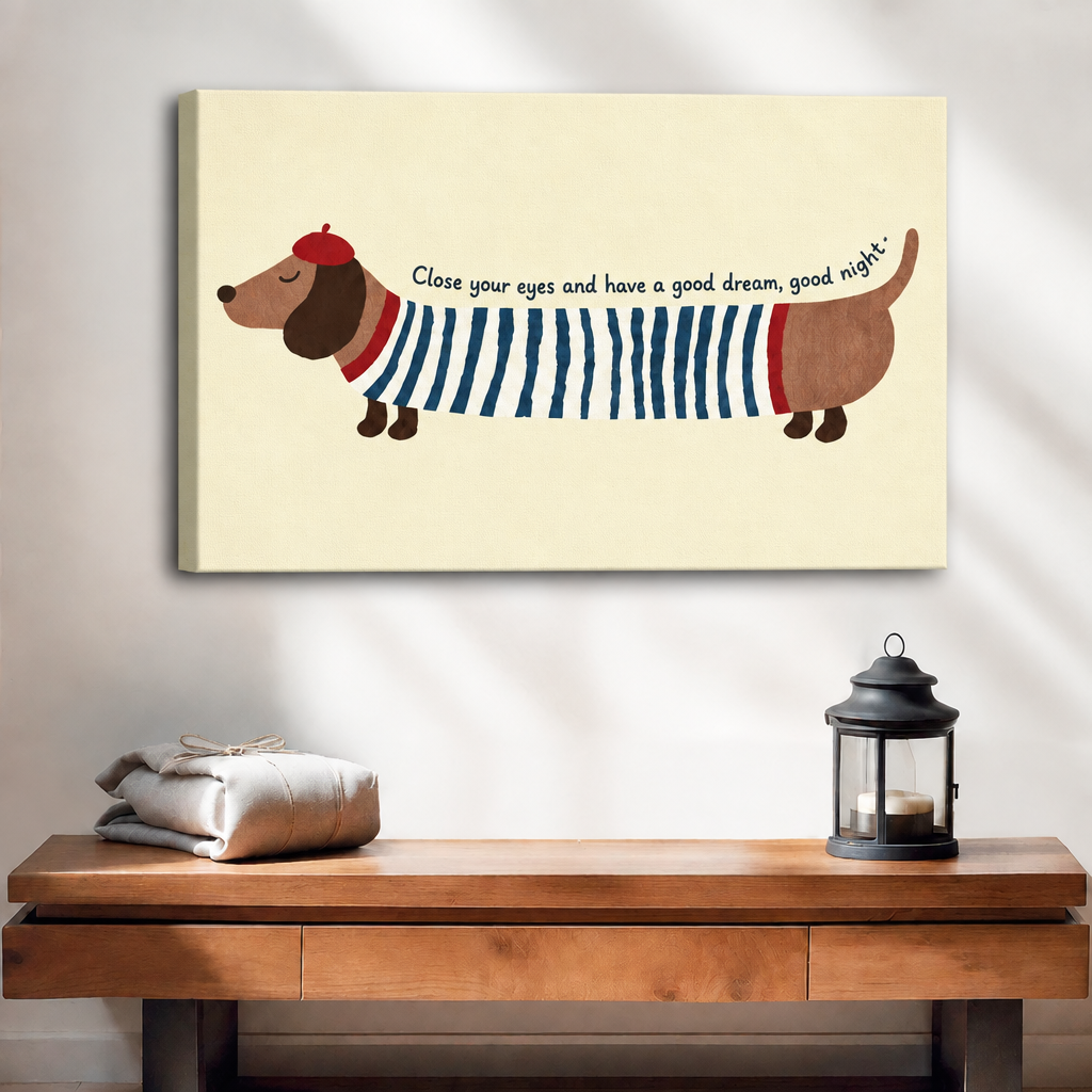 Unframed whimsical dachshund canvas wall art featuring a striped shirt, red beret, and handwritten bedtime message.