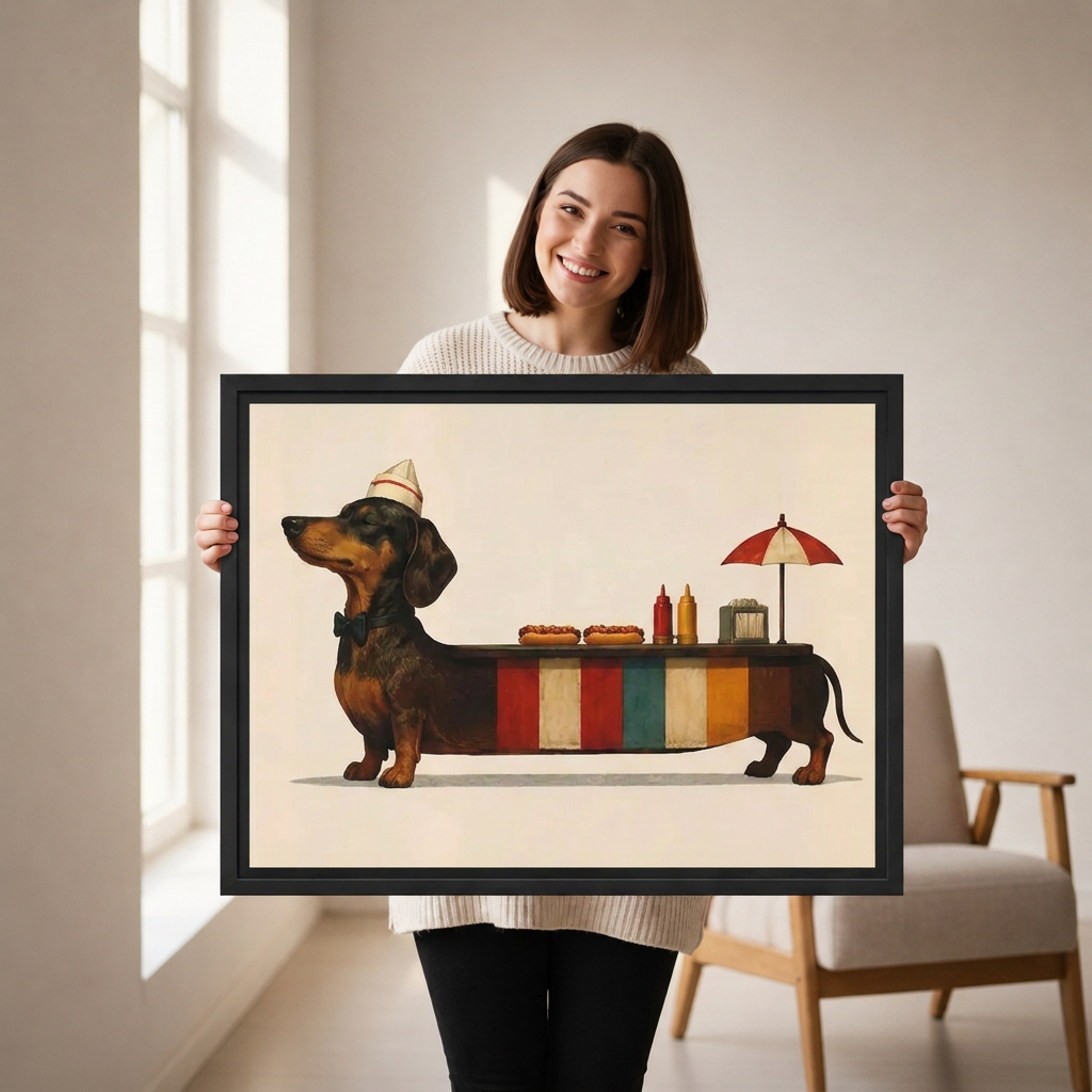 A smiling woman holds black-framed whimsical dachshund canvas wall art featuring a colorful miniature hot dog stand.