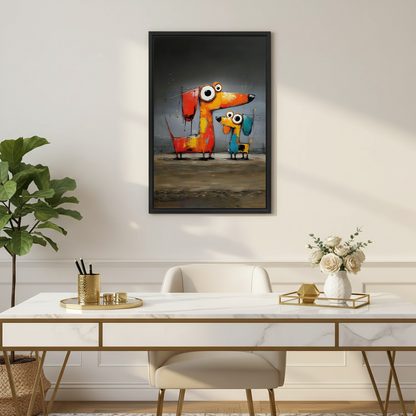 Whimsical dachshund duo framed canvas art hung above a marble desk with gold accessories in a bright home office
