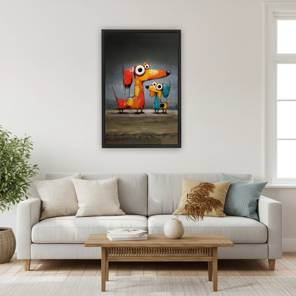 Framed whimsical dachshund duo canvas wall art displayed above a light grey sofa in a modern living room