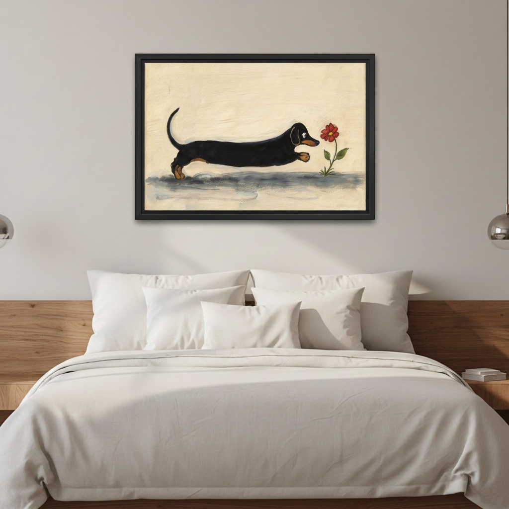 Whimsical dachshund flower canvas wall art in a black frame above white bedding and a wooden headboard.