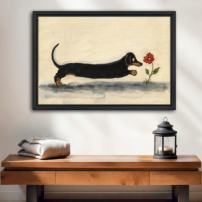  Black-framed whimsical dachshund flower canvas wall art above a wooden bench beside a black lantern.