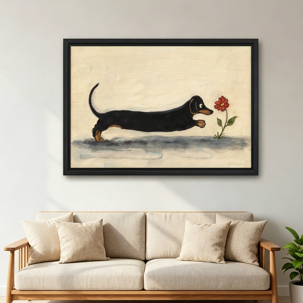 Black-framed whimsical dachshund flower canvas wall art displayed above a cream sofa beside a green plant.