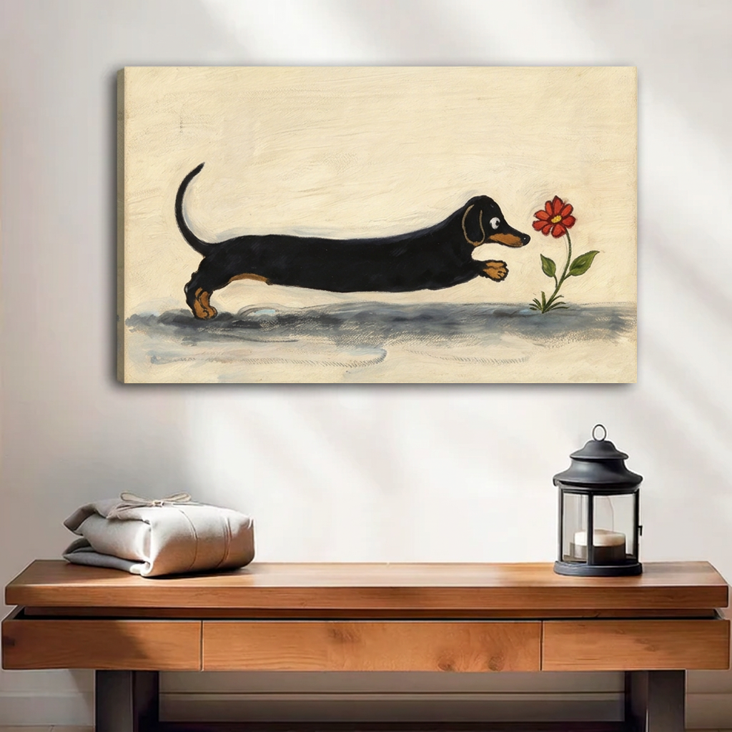 Unframed whimsical dachshund flower canvas wall art featuring a black-and-tan dog approaching a red bloom above a bench.
