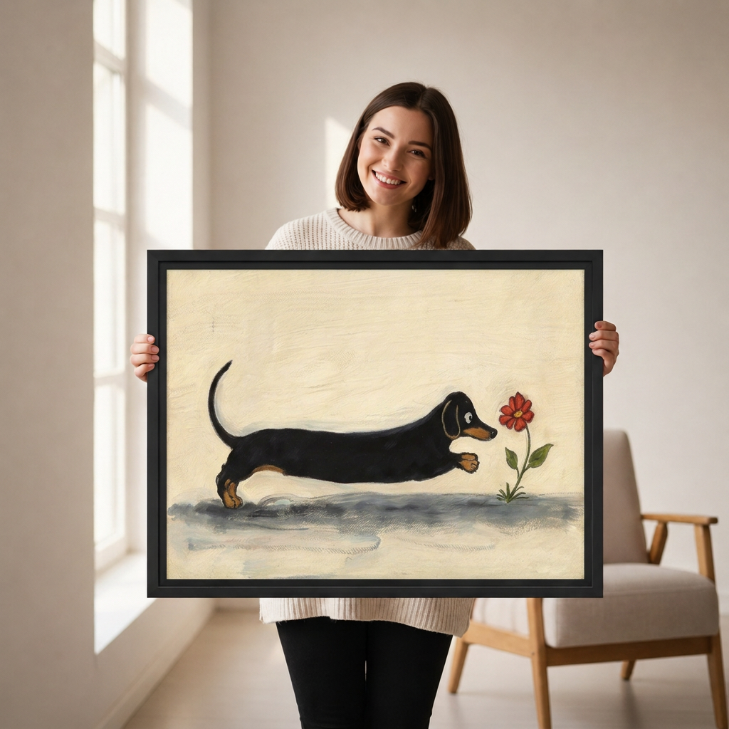 Smiling woman holding black-framed whimsical dachshund flower canvas wall art beside a sunlit window.
