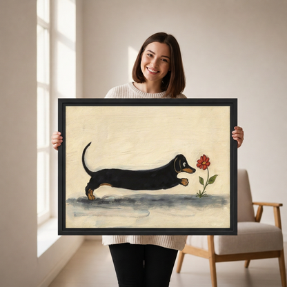 Smiling woman holding black-framed whimsical dachshund flower canvas wall art beside a sunlit window.