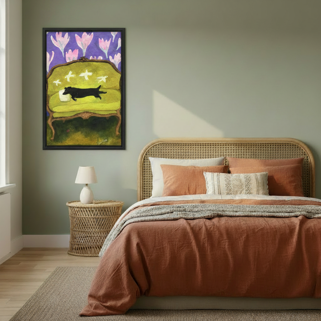 Whimsical black dachshund folk art with purple tulips wall art in black frame on sage green bedroom wall above rattan bed