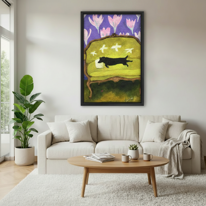 Whimsical dachshund folk art floral vintage print in black frame above cream sofa in bright Scandinavian living room