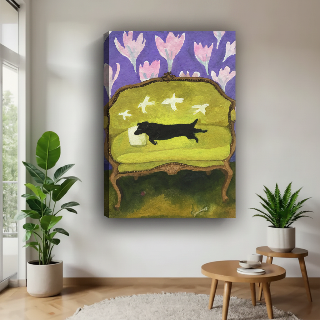 Frameless gallery wrap canvas of whimsical dachshund folk art with purple tulips and white birds, hanging in bright minimalist entryway