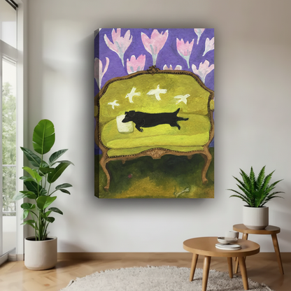 Frameless gallery wrap canvas of whimsical dachshund folk art with purple tulips and white birds, hanging in bright minimalist entryway