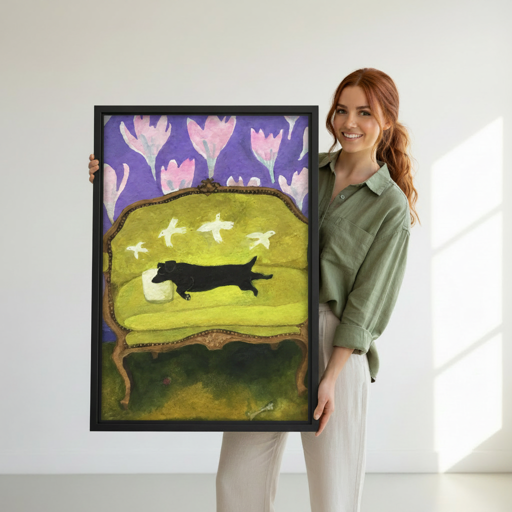 Smiling woman holding large whimsical dachshund folk art floral vintage wall art print with black frame, white background