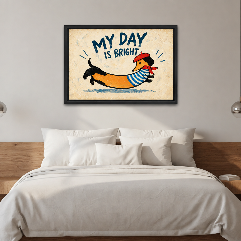 Whimsical dachshund quote canvas wall art in a black frame above a bed with white bedding.