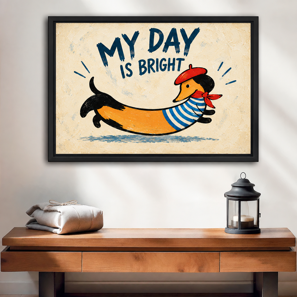 Black framed whimsical dachshund quote canvas wall art above a wooden console, with “MY DAY IS BRIGHT” lettering.