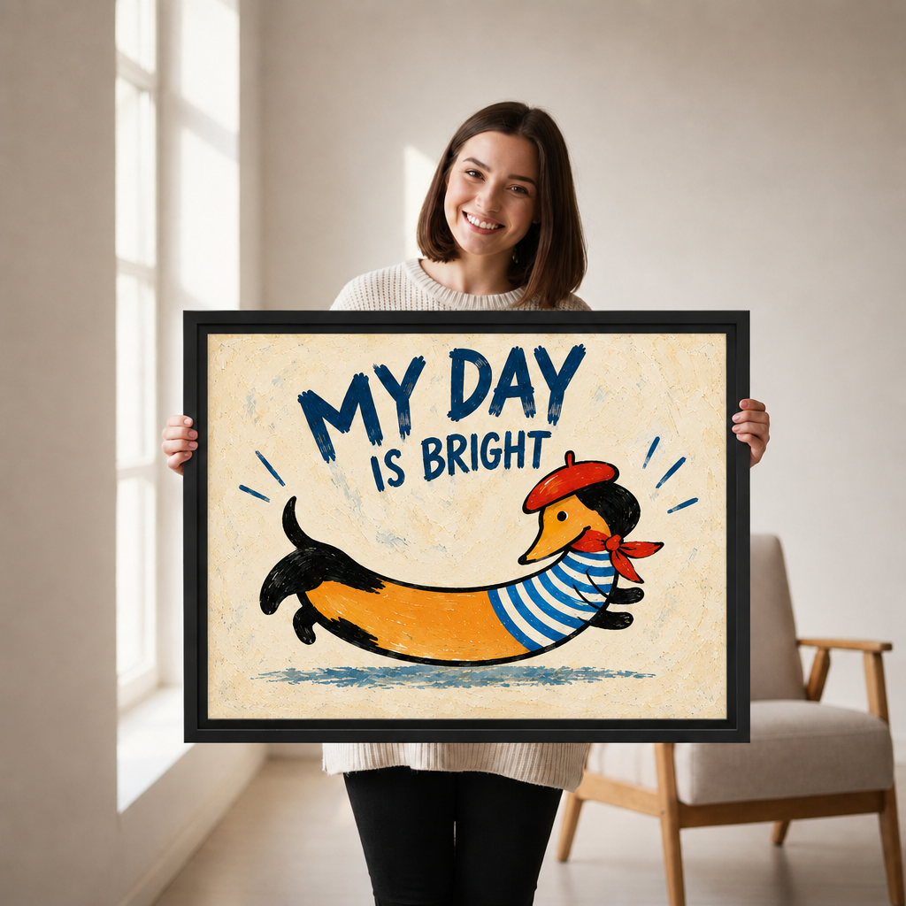 Woman holding black framed whimsical dachshund quote canvas wall art with a red beret and scarf.