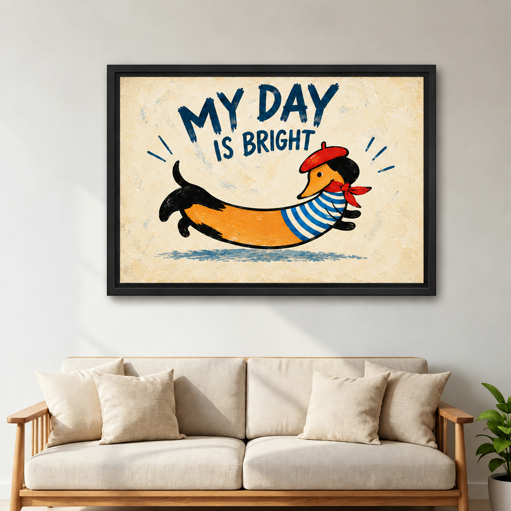 Black framed whimsical dachshund quote canvas wall art above a cream sofa, showing a dog in blue stripes.