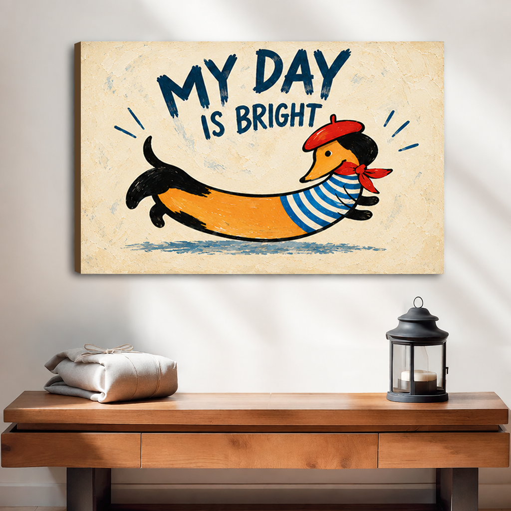 Unframed whimsical dachshund quote canvas wall art above a wooden console, featuring a leaping dog and blue lettering.