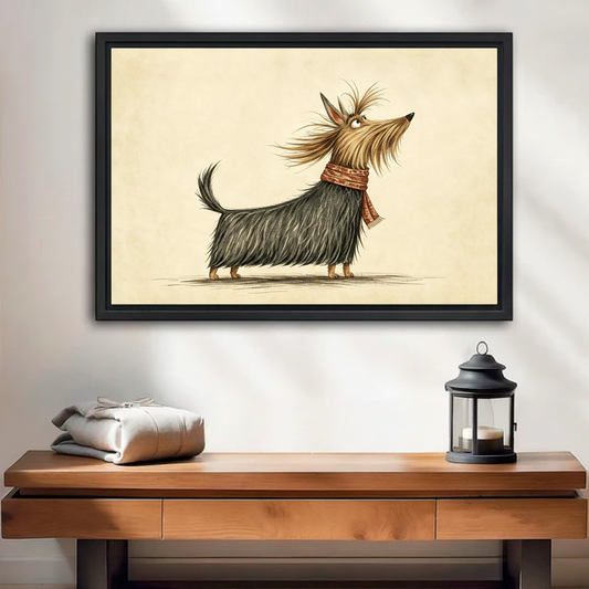 Storybook dachshund scarf illustration black framed canvas wall art above wooden console table with lantern