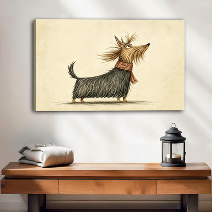 Long-haired dachshund scarf gallery wrap canvas wall art with visible side depth above warm wooden console table