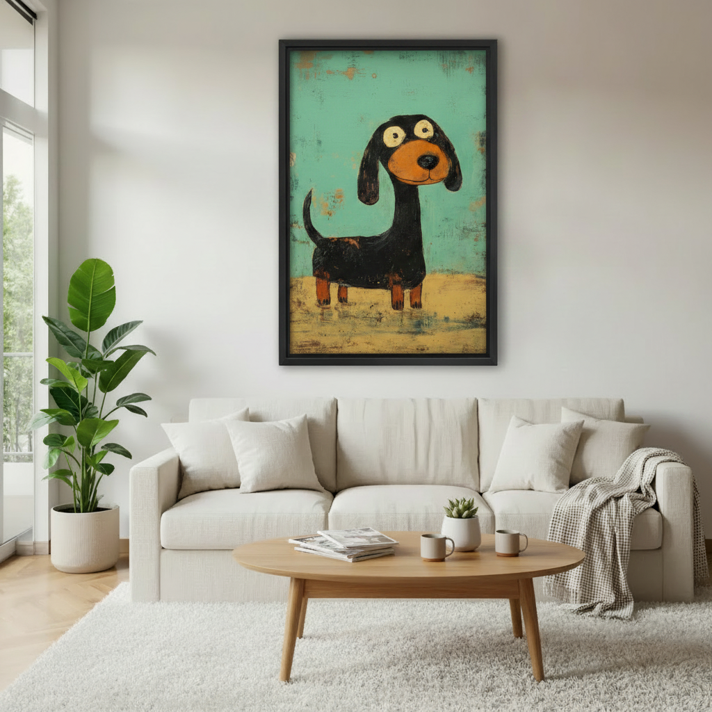 Whimsical dachshund teal retro oil painting framed canvas wall art above white sofa with plants, cute big-eyed black dachshund on teal and yellow background