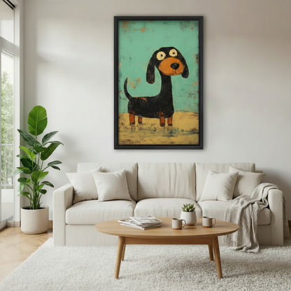 Whimsical dachshund teal retro oil painting framed canvas wall art above white sofa with plants, cute big-eyed black dachshund on teal and yellow background