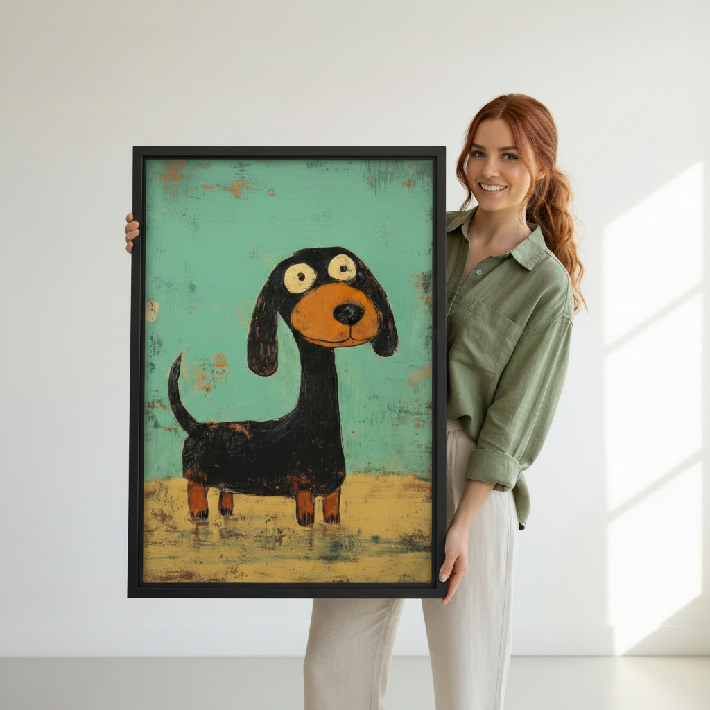 Woman holding large framed whimsical dachshund teal retro canvas print, cute big-eyed black dachshund oil painting wall art size reference