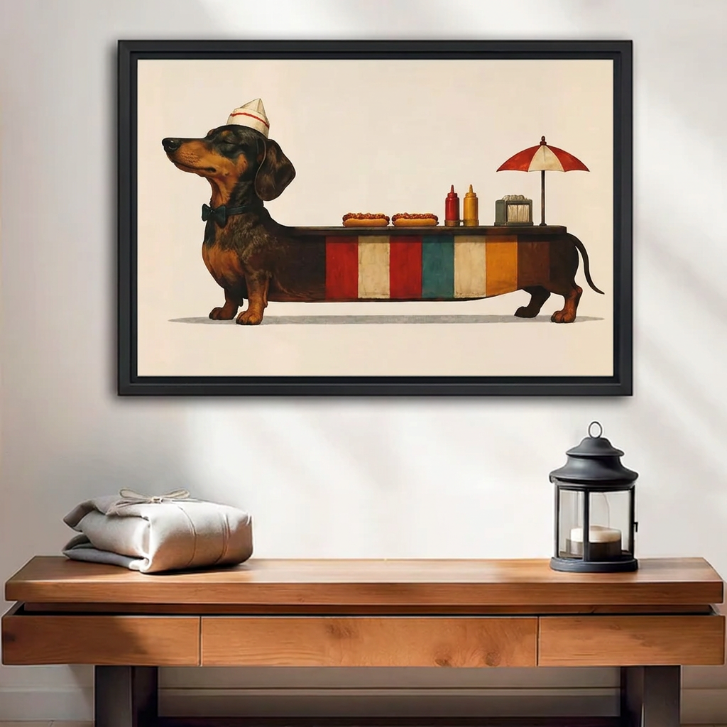 Whimsical dachshund canvas wall art in a black frame above a wooden console with a lantern.