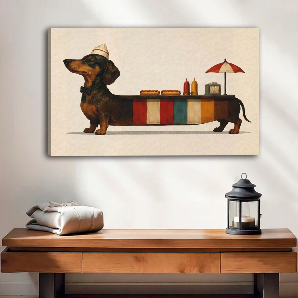 Whimsical dachshund canvas wall art displayed without an outer frame above a wooden console beside a lantern.