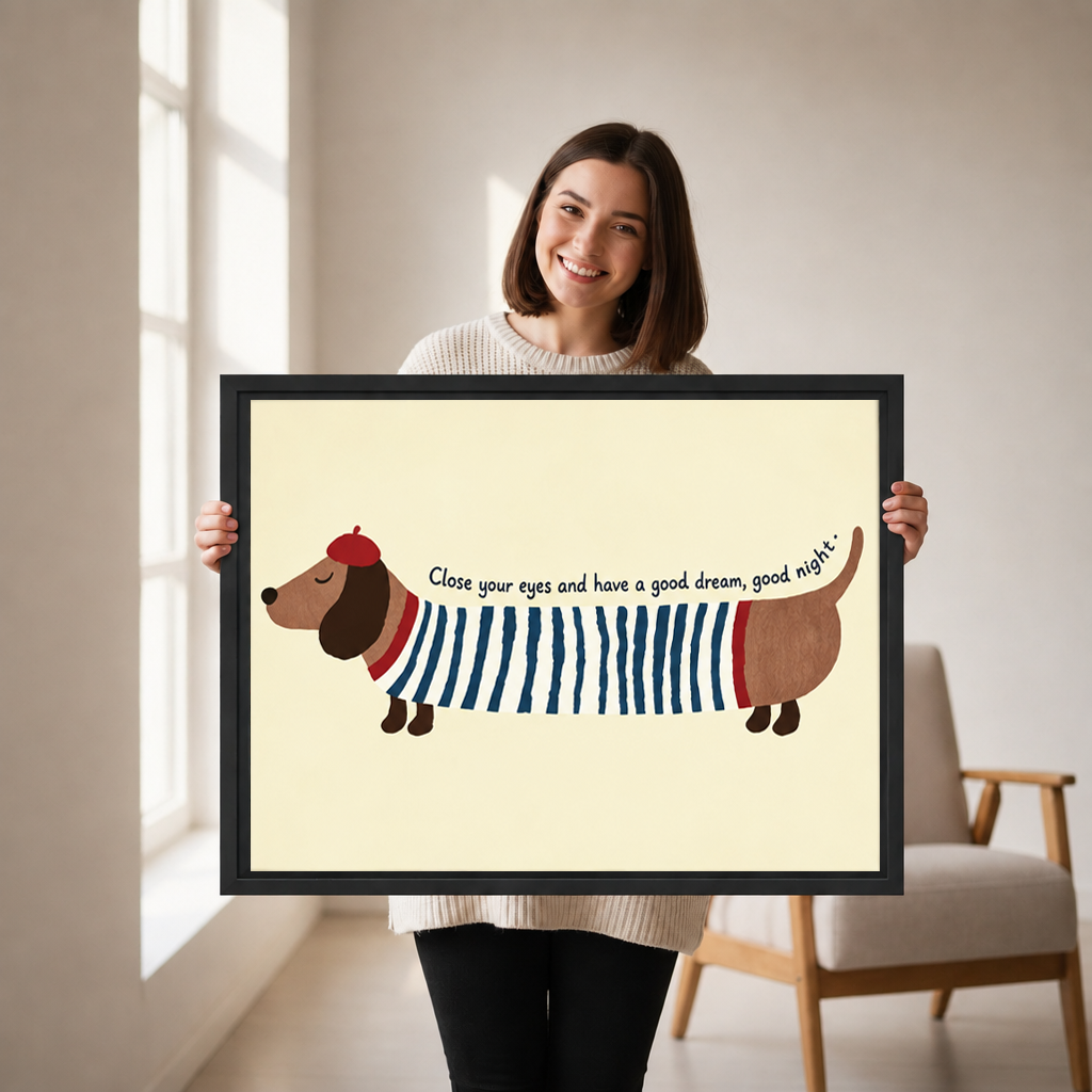 Woman holding black-framed whimsical dachshund wall art depicting a brown dog in navy stripes and a red beret.