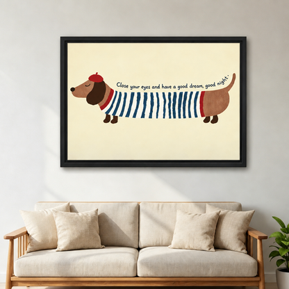 Framed whimsical dachshund wall art above a cream sofa with wooden arms beside a leafy green plant.