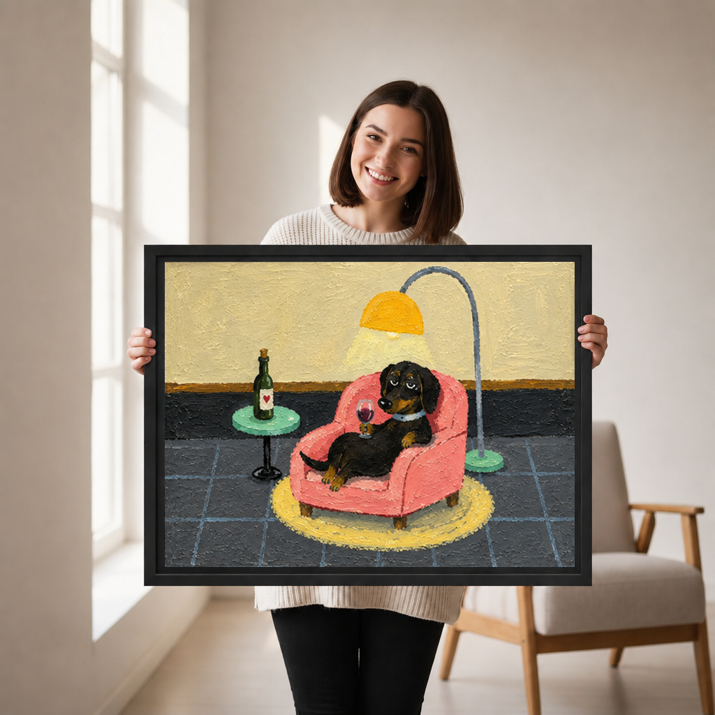 Woman holding black-framed whimsical dachshund canvas wall art showing a dog lounging in a pink armchair with wine.