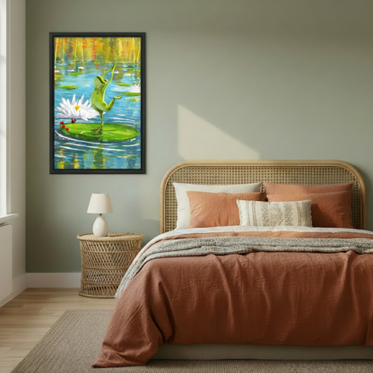 Whimsical dancing frog pond canvas wall art displayed above a warm neutral bed in a peaceful bedroom.