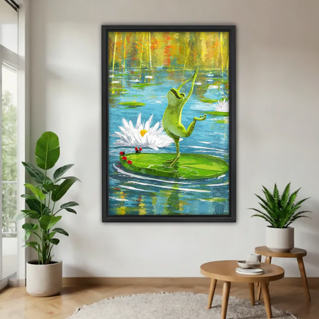Whimsical dancing frog pond canvas wall art framed above a coffee table with plants in a modern room.