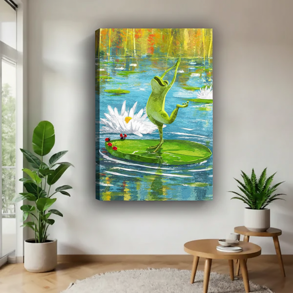 Whimsical dancing frog pond canvas wall art shown with a textured gallery-wrap edge in a bright living room.