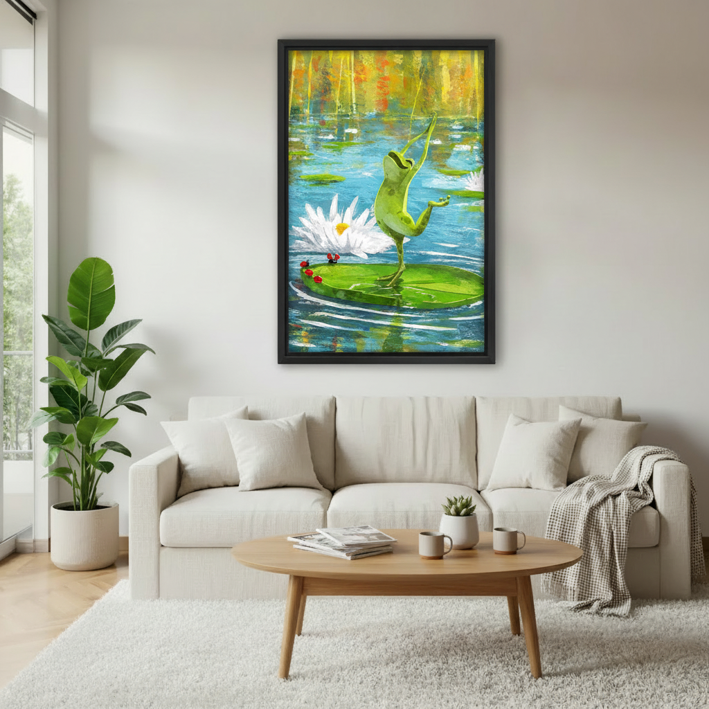 Whimsical dancing frog pond canvas wall art centered above a white sofa in an airy living room.